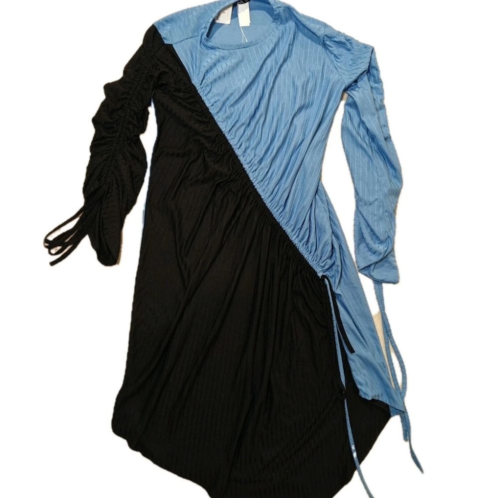 Zara Collection Womens Basic Size Medium Black Blue Gathered Ribbed Dress NWT